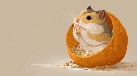 A charming hamster enjoys a snack of seeds from an orange bowl, showcasing its adorable features and playful nature in a warm and inviting setting.の素材