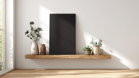 A serene interior scene showcasing a minimalist shelf with an empty frame, decorative plants, and natural materials, creating a calming ambiance in a bright room.の素材