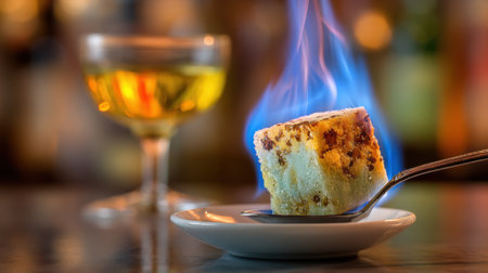 A visually stunning dessert piece on a plate with a captivating flame effect, accompanied by a vibrant glass of yellow drink, perfect for any dining experience.の素材
