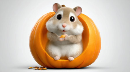 Adorable hamster enjoying a tasty seed while nestled inside a vibrant orange pumpkin, creating a charming and whimsical scene perfect for autumn and festive themes.の素材