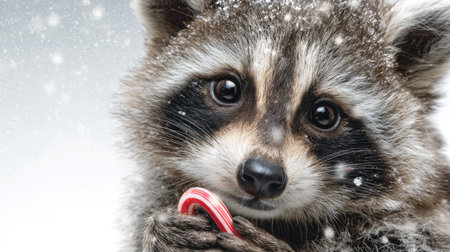 A charming raccoon clutches a colorful candy cane as delicate snowflakes drift down around it, bringing a joyful and whimsical feel to the winter season.の素材