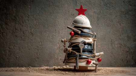 Unique and creative interpretation of a Christmas tree made from kitchen items and construction tools, perfect for adding charm to holiday decorations or events.の素材