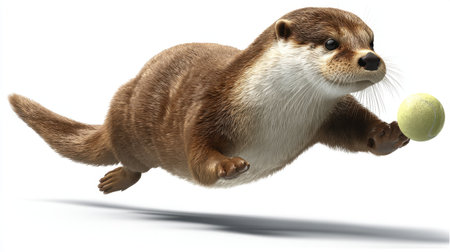 A charming and agile otter is captured in mid-air as it jumps towards a vibrant yellow tennis ball, exuding joy and playfulness, ideal for wildlife enthusiasts.の素材