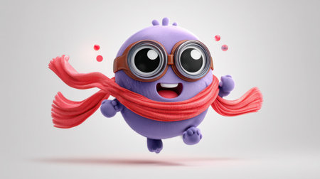 A charming purple character with oversized glasses and a vibrant red scarf jumps with joy, embodying playfulness and creativity, ideal for cheerful art projects.の素材