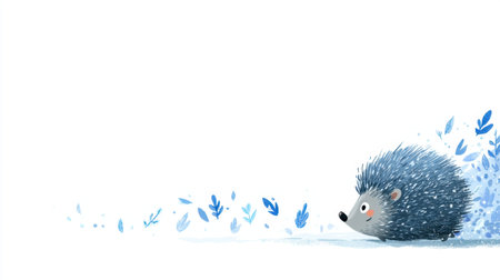 This charming illustration features a playful hedgehog surrounded by delicate blue leaves. Its whimsical design makes it perfect for children's books or creative projects.の素材