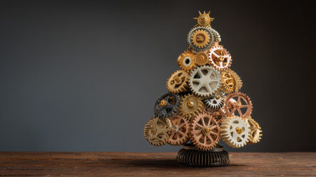 A stunning Christmas tree crafted from vintage gears and mechanical components, showcasing a unique steampunk aesthetic perfect for creative holiday displays.の素材