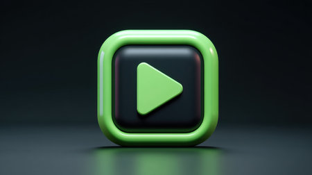 This 3D rendered play button icon features a sleek green design on a smooth black background, perfect for multimedia projects or digital user interfaces.の素材