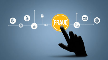 A visual representation of a hand targeting a fraud alert icon, surrounded by symbols that highlight various aspects of digital security and the need for awareness.の素材