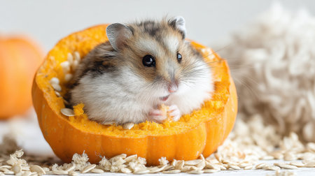 A delightful hamster relaxing in a pumpkin. This charming scene evokes the spirit of autumn with playful vibes, ideal for seasonal pet photography and festive themes.の素材