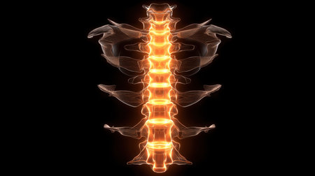 This vivid illustration showcases a glowing representation of the human spine, highlighting its structural significance and role in overall health. Perfect for educational use.の素材