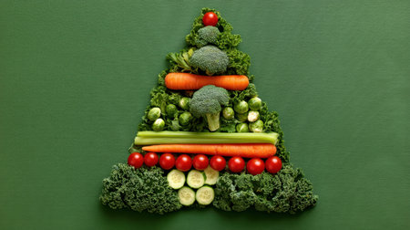 This imaginative arrangement features a vibrant Christmas tree crafted from an assortment of fresh vegetables, showcasing a healthy and festive approach to holiday meals.の素材