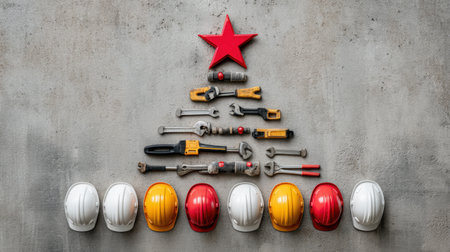 A festive arrangement showcasing construction tools and hard hats creatively arranged into the shape of a Christmas tree against a textured gray background.の素材