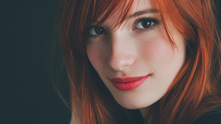 Captivating close-up portrait of a young woman with striking red hair, exuding confidence and natural beauty, ideal for inspiration in fashion and artistic projects.の素材