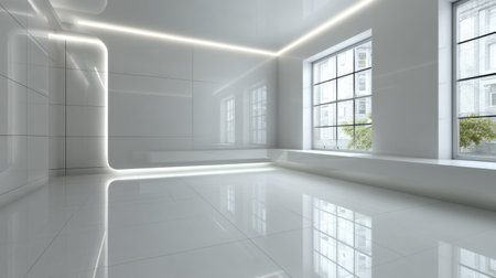 This image portrays a modern minimalist interior featuring bright surfaces and ample natural light. The reflective floors create a serene and sophisticated ambiance.の素材