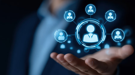 A person holds a holographic display featuring icons representing social connections and digital networking, capturing the essence of modern business interactions.の素材