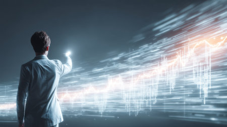 A businessman in a sleek suit stands against a backdrop of dynamic data visualizations. This scene symbolizes growth, innovation, and technological advancement in finance.の素材