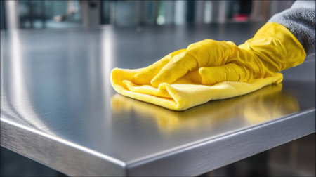 A person in yellow rubber gloves wipes down a stainless steel surface with a microfiber cloth, highlighting cleanliness and hygiene in a bright workspace.の素材