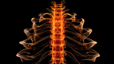 This abstract artwork captures a glowing spine, symbolizing health and vitality. The vibrant colors and dynamic waves create a visual connection to wellness and anatomy.の素材
