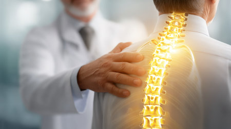 A healthcare professional providing a spine adjustment to a patient in a clinical environment, emphasizing the importance of spinal health and treatment options.の素材