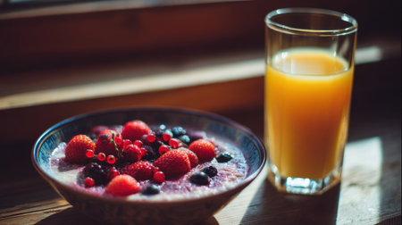A vibrant breakfast scene featuring a bowl of mixed berries topped with vivid strawberries and a refreshing glass of orange juice, beautifully lit by sunlight.の素材
