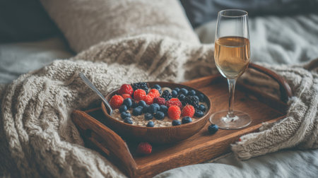 Delight in a cozy breakfast scene featuring a bowl of fresh berries paired with a sparkling beverage on a wooden tray, wrapped in soft textures, perfect for relaxation.の素材