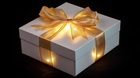 This elegant white gift box, adorned with a golden ribbon and glowing lights, creates a warm and inviting atmosphere, ideal for any special celebration or holiday moment.の素材