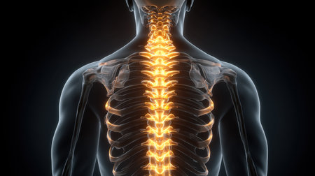 This detailed anatomical illustration showcases the human spine with glowing vertebrae, highlighting key elements for educational and medical uses in healthcare and biology.の素材