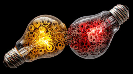 This stunning image features two interconnected light bulbs showcasing intricate gears, symbolizing the fusion of creativity and technology. A perfect representation of innovation.の素材
