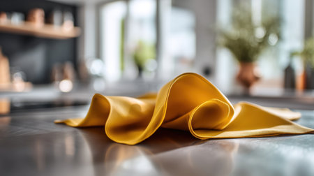 A vibrant yellow fabric drapes elegantly over a modern kitchen counter, surrounded by soft natural light and chic decor, creating a warm and inviting atmosphere.の素材
