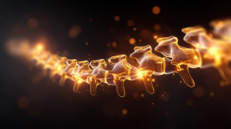 An artistic visualization of the human spine illuminated in a captivating glow. This image combines anatomy with creative design, making it perfect for educational or medical purposes.の素材