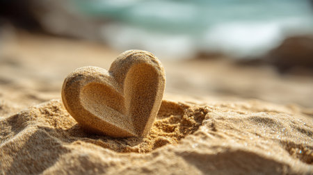 A beautifully crafted heart-shaped sand sculpture resting on a beach, with gentle waves lapping in the background, symbolizing love and connection in a serene environment.の素材