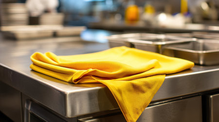 A vibrant yellow cloth rests on a sleek stainless steel surface in a bustling restaurant kitchen, capturing the essence of culinary preparation and organization.の素材