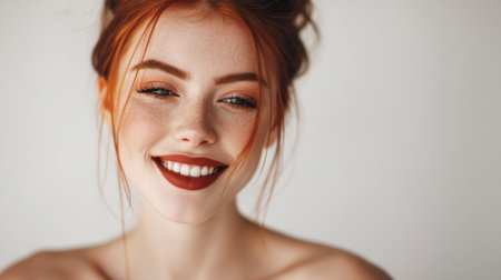 A stunning portrait of a young woman with ginger hair and freckles, exuding joy and confidence. Her smile illuminates the soft, neutral background, showcasing natural beauty.の素材