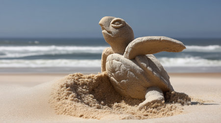 A meticulously crafted sand sculpture depicting a turtle sits on the beach, framed by gentle ocean waves and clear blue skies, capturing a moment of artistic expression.の素材