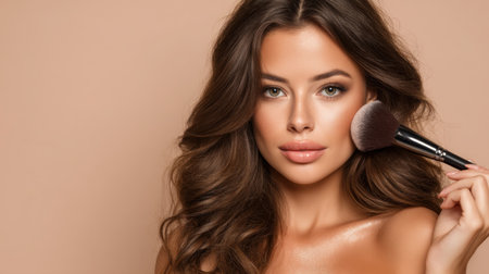 A stunning woman expertly applies blush with a brush on her cheek, illuminating her flawless skin. This beauty portrait captures elegance, confidence, and artistry.の素材