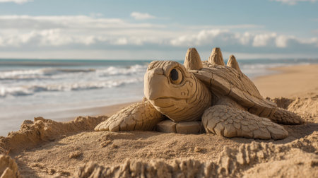 An intricate sand turtle sculpture rests on the beach, beautifully capturing the essence of marine life. The stunning ocean backdrop enhances its artistic appeal.の素材
