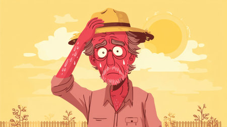 A concerned farmer stands under a bright sun, showcasing sunburn and worry for the future of his crops, illustrating the struggles of agriculture in challenging climates.の素材