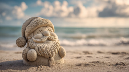 A delightful sand sculpture of Santa Claus sitting on a sunny beach, capturing the spirit of the holiday season in a warm, tropical setting with gentle waves.の素材