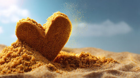 A captivating heart-shaped sand sculpture rests on a soft golden beach, symbolizing love and romance under a serene blue sky, inviting joyful moments.の素材