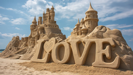 Stunning sandcastle showcasing intricate designs with a prominent love feature, set against a beautiful beach landscape under a bright sky, perfect for vacation inspiration.の素材