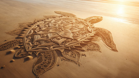 A stunning sand turtle sculpture on a beach during sunset, showcasing intricate designs and patterns. This artwork embodies creativity and the beauty of nature.の素材