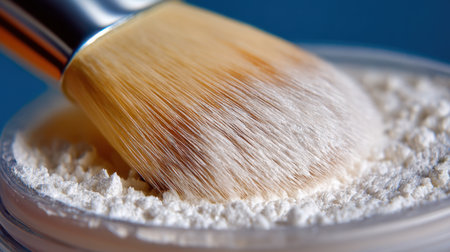 A detailed close-up image featuring a makeup brush resting on a soft powder, highlighting essential beauty tools for flawless application and personal care routines.の素材