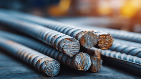 This image features a close-up view of rusty steel rebar stacked neatly on a construction site, capturing intricate details and textures under warm industrial lighting.の素材