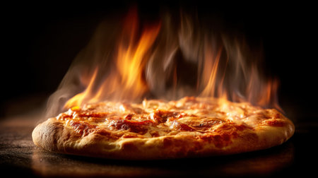 A delicious pizza emerges from a dramatic flame, highlighting its bubbling cheese and rich toppings. Perfect for food lovers and culinary enthusiasts alike.の素材