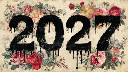 This artistic image features bold black dripping numbers 2027 on a floral vintage background. A perfect blend of grunge style and elegance for various creative projects.の素材