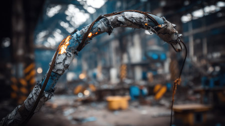 Capture the haunting beauty of decay in this abandoned warehouse scene, featuring a rusty wire with glowing sparks amidst a backdrop of industrial ruin and neglect.の素材