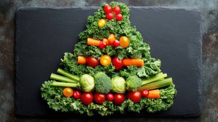 An artistic display of fresh vegetables set in a Christmas tree shape, perfect for highlighting healthy eating during the festive season and inspiring holiday meals.の素材