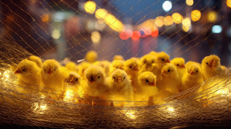 A heartwarming scene featuring fluffy yellow chicks under glowing lights in a vibrant night market. The soft bokeh background creates a cozy and festive atmosphere.の素材