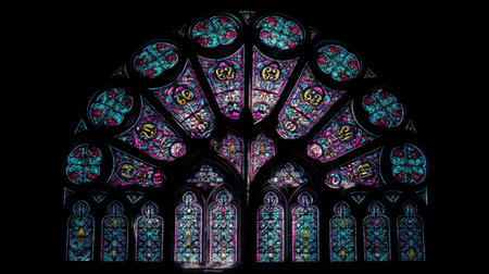A magnificent stained glass window showcases intricate designs and vibrant colors, casting beautiful light patterns in an architectural space, evoking serenity and artistry.の素材