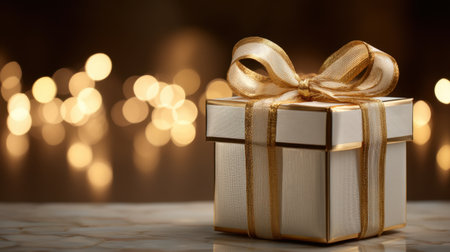 A beautifully wrapped white gift box adorned with a golden ribbon, set against a soft bokeh background. Perfect for celebrations, holidays, and special occasions.の素材